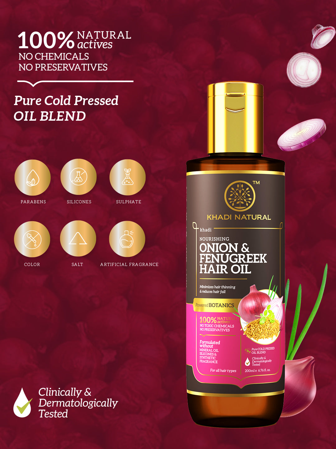 Khadi Natural Onion & Fenugreek Hair Oil - Mineral Oil, Silicones, Synthetic Fragrance Free - 200ml