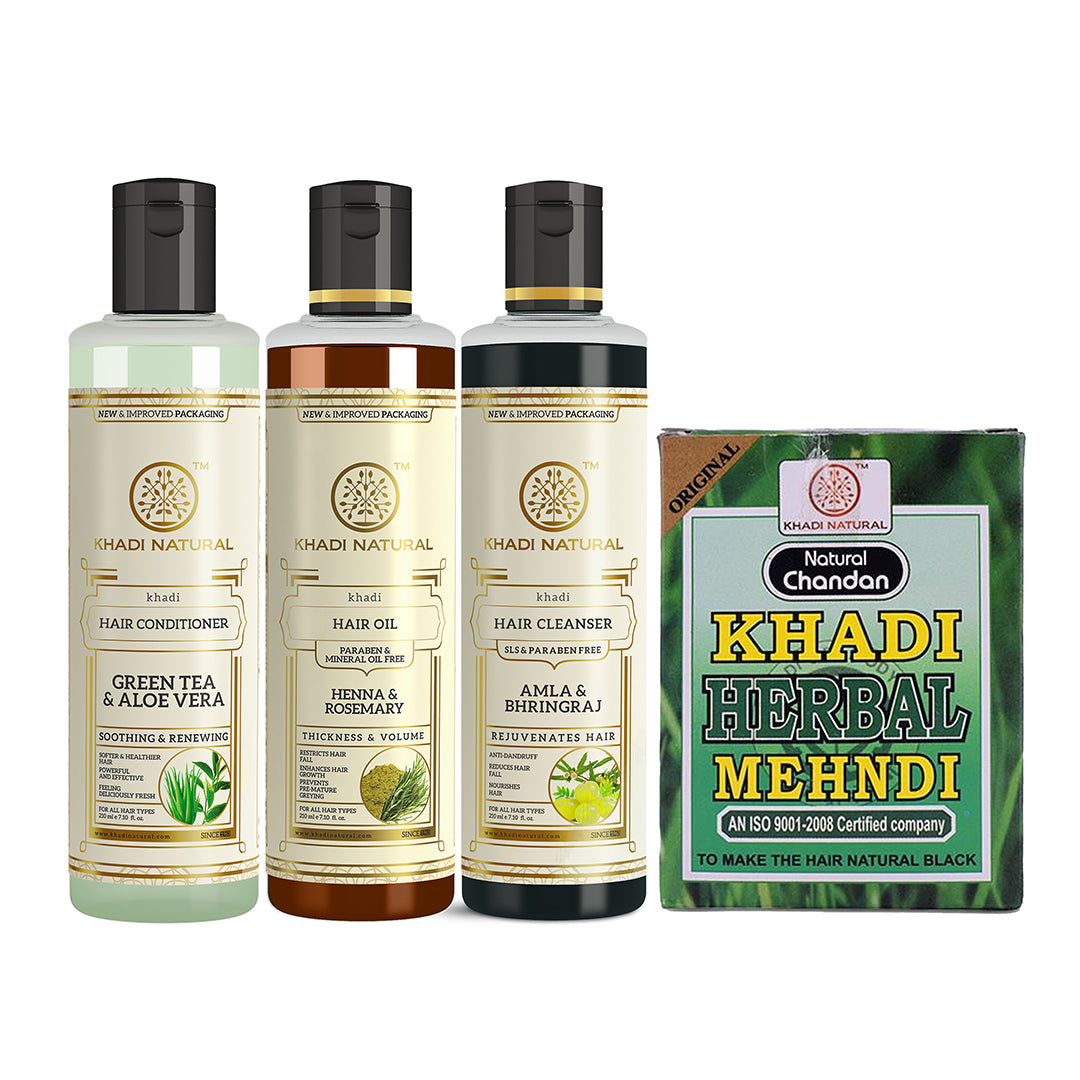 Khadi Herbal Black Mehndi, Amla & Bhringraj Hair Cleanser, Henna Rosemary with Green Tea Aloe Vera Conditioner Combo (Set of 4)