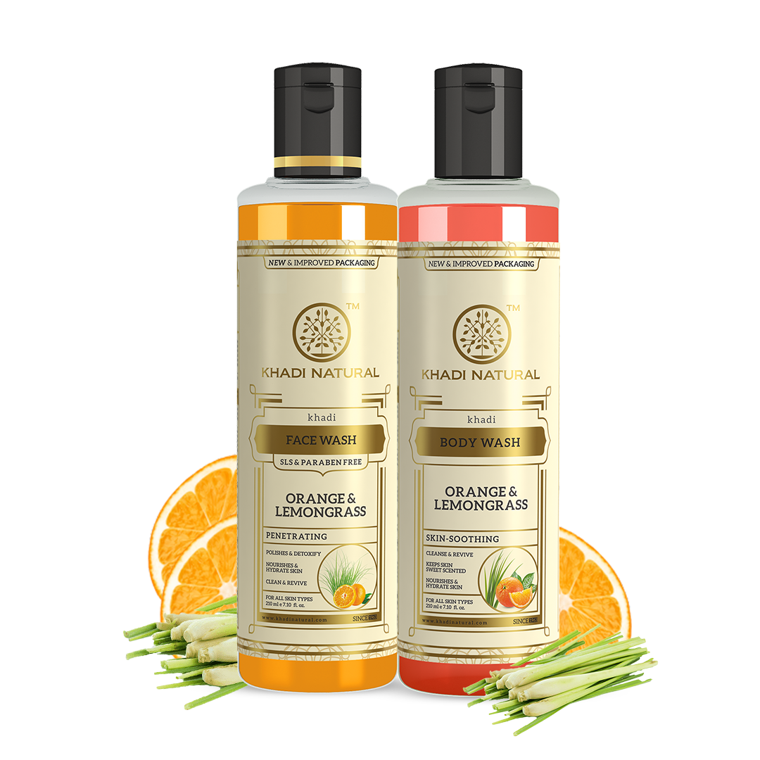 Khadi Natural Rejuvenating Pack – Orange & Lemongrass Face Wash (SLS & Paraben Free) & Body Wash Combo Pack of 2 – 210ml Each
