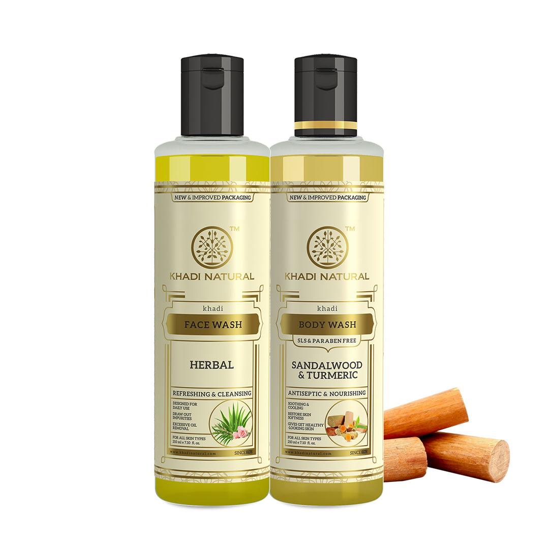 Khadi Natural Herbal Face Wash & Sandalwood & Turmeric Body Wash – Combo Pack of 2 - 210ml Each