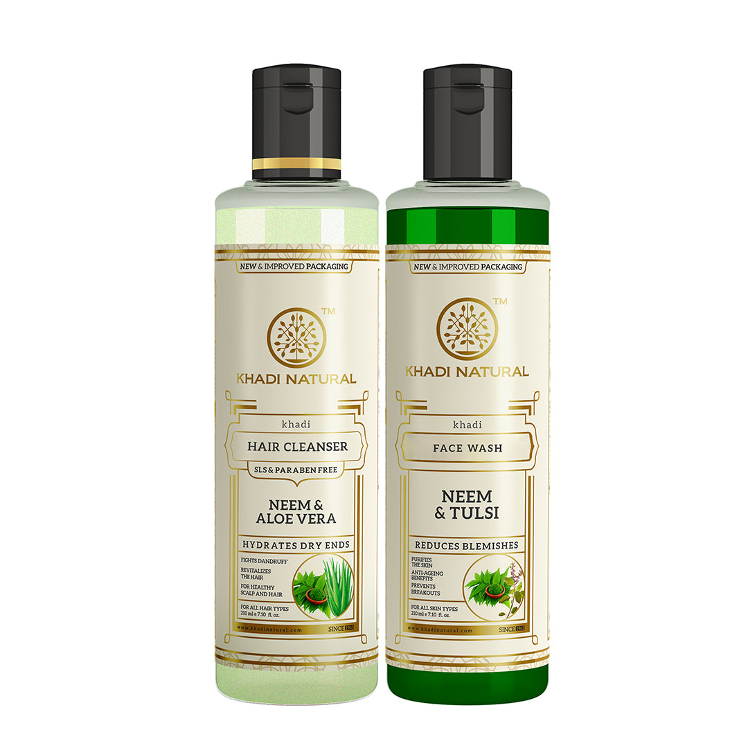 Khadi Herbal Neem & Aloe Vera Hair Cleanser with Neem & Tulsi Face Wash Combo (Set of 2)