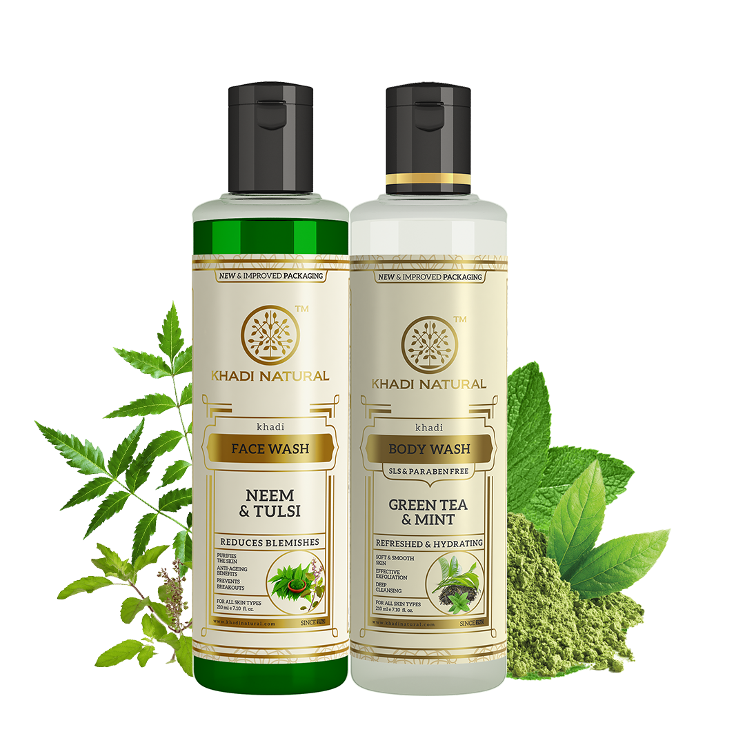 Khadi Natural Neem with Tulsi Face Wash & Green Tea with Mint Body Wash – Combo Pack of 2 - 210ml Each