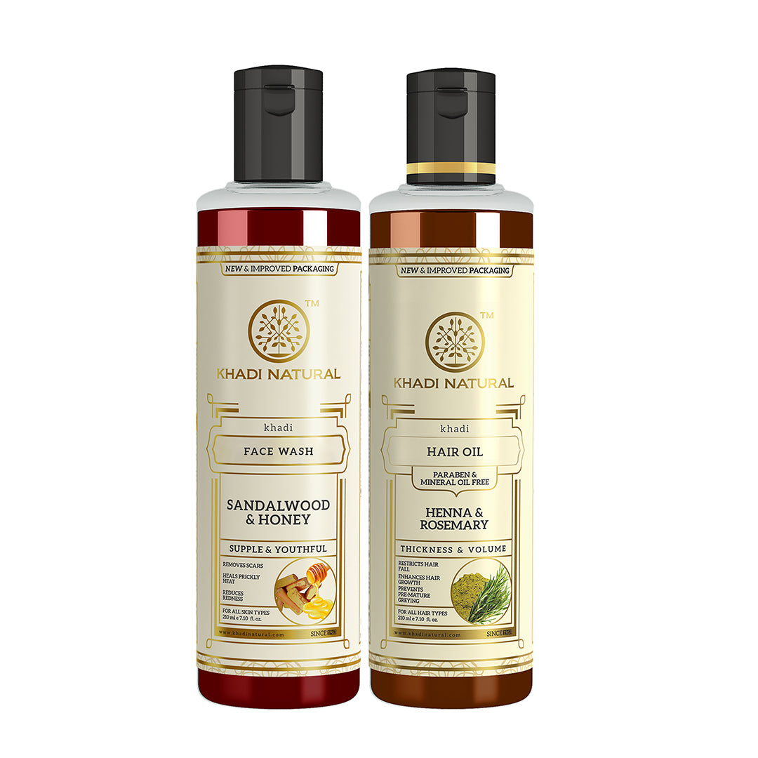 Khadi Herbal Sandalwood & Honey Face Wash with Henna Rosemary Hair Oil Combo (Set of 2)