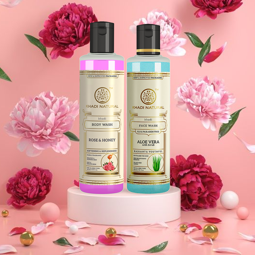 Khadi Natural Aloe Vera with Scrub Face Wash (SLS & Paraben Free) & Rose & Honey Body Wash β Combo Pack of 2 - 210ml Each