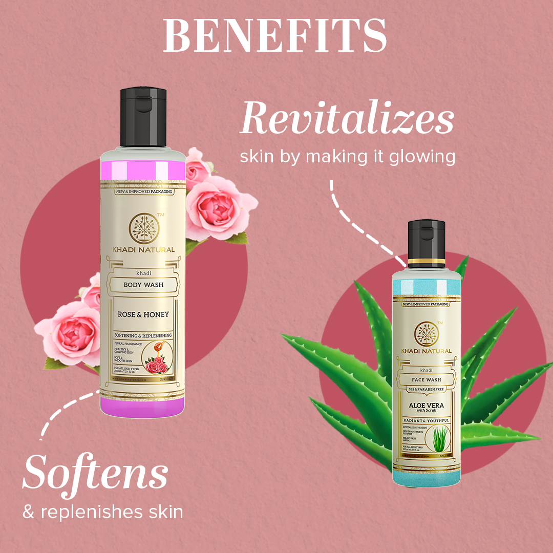 Khadi Natural Aloe Vera with Scrub Face Wash (SLS & Paraben Free) & Rose & Honey Body Wash β Combo Pack of 2 - 210ml Each