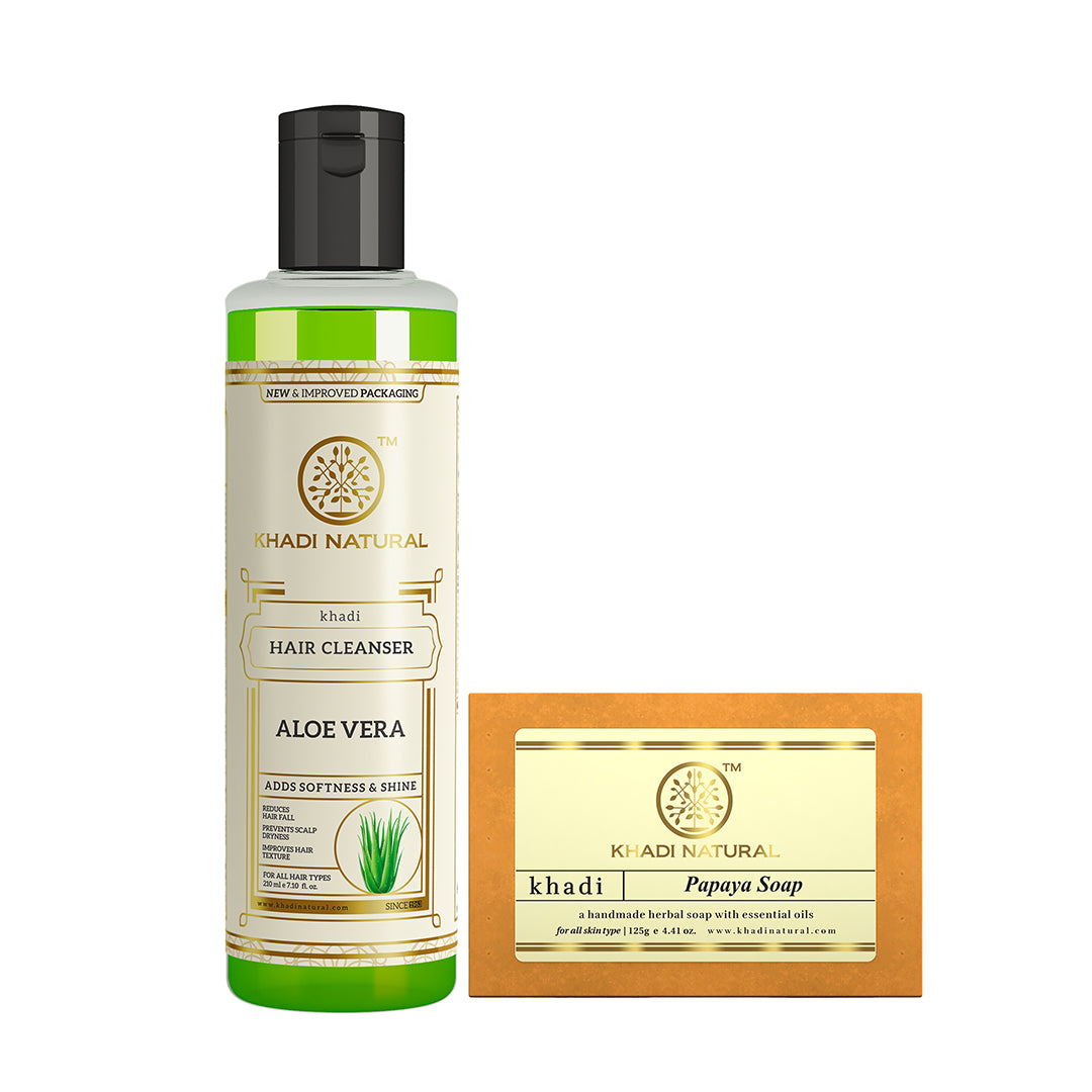 Khadi Herbal Aloe Vera Hair Cleanser with Papaya Soap Combo (Set of 2)