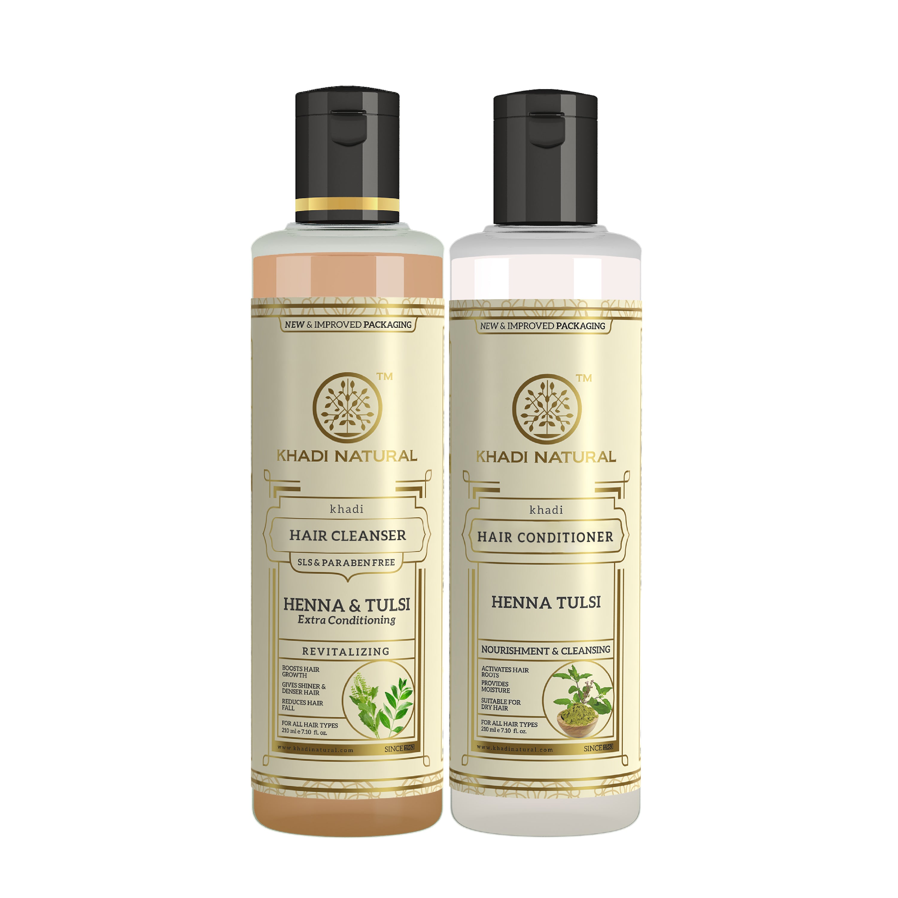 Khadi Natural Henna Tulsi Extra Conditioning Hair Cleanser (SLS & Paraben Free) & Henna Tulsi Hair Conditioner Combo Pack of 2 – 210ml Each