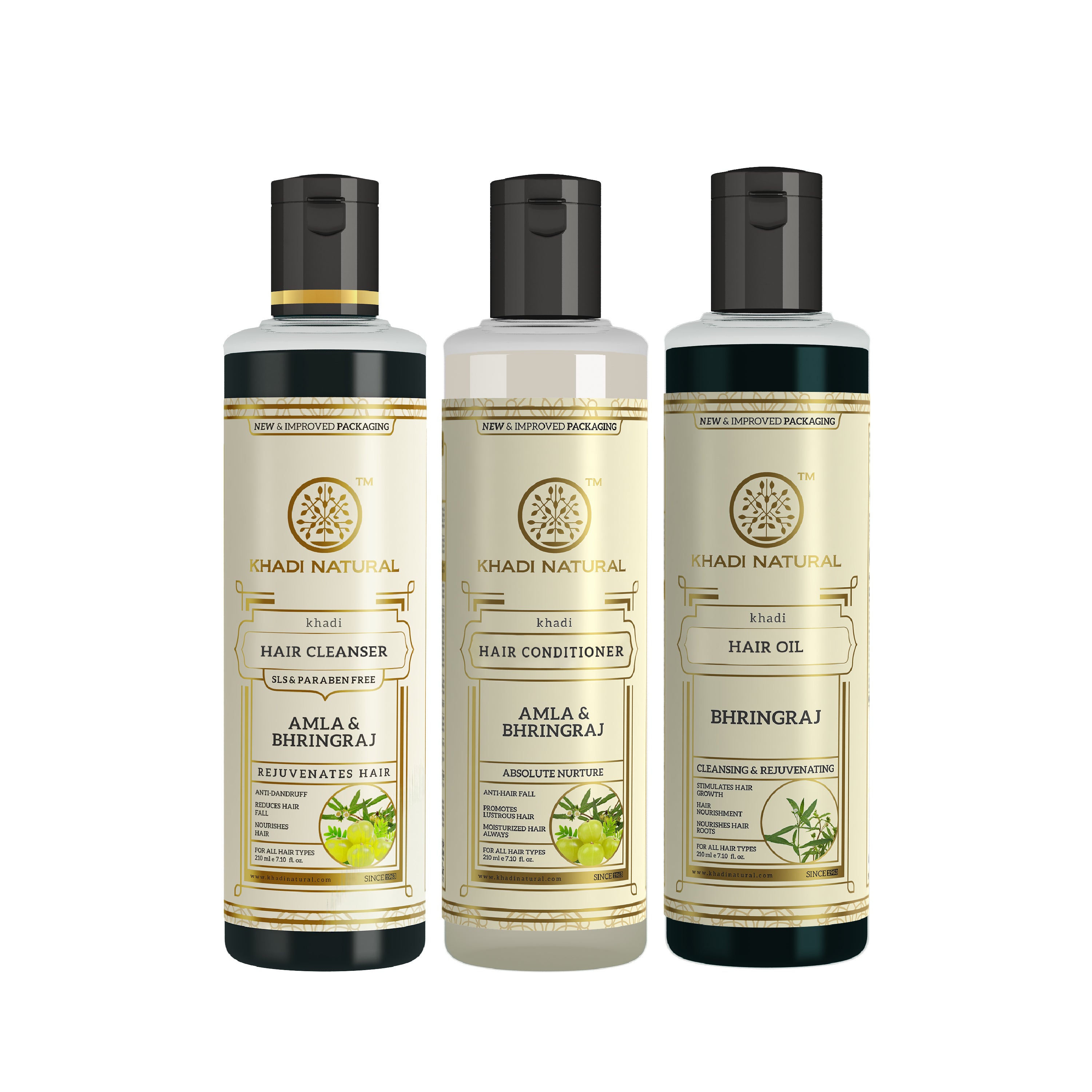 Khadi Natural Amla & Bhringraj Hair Care Cleanser, Conditioner & Oil – SLS & Paraben Free Combo Pack of 3 - 210ml Each