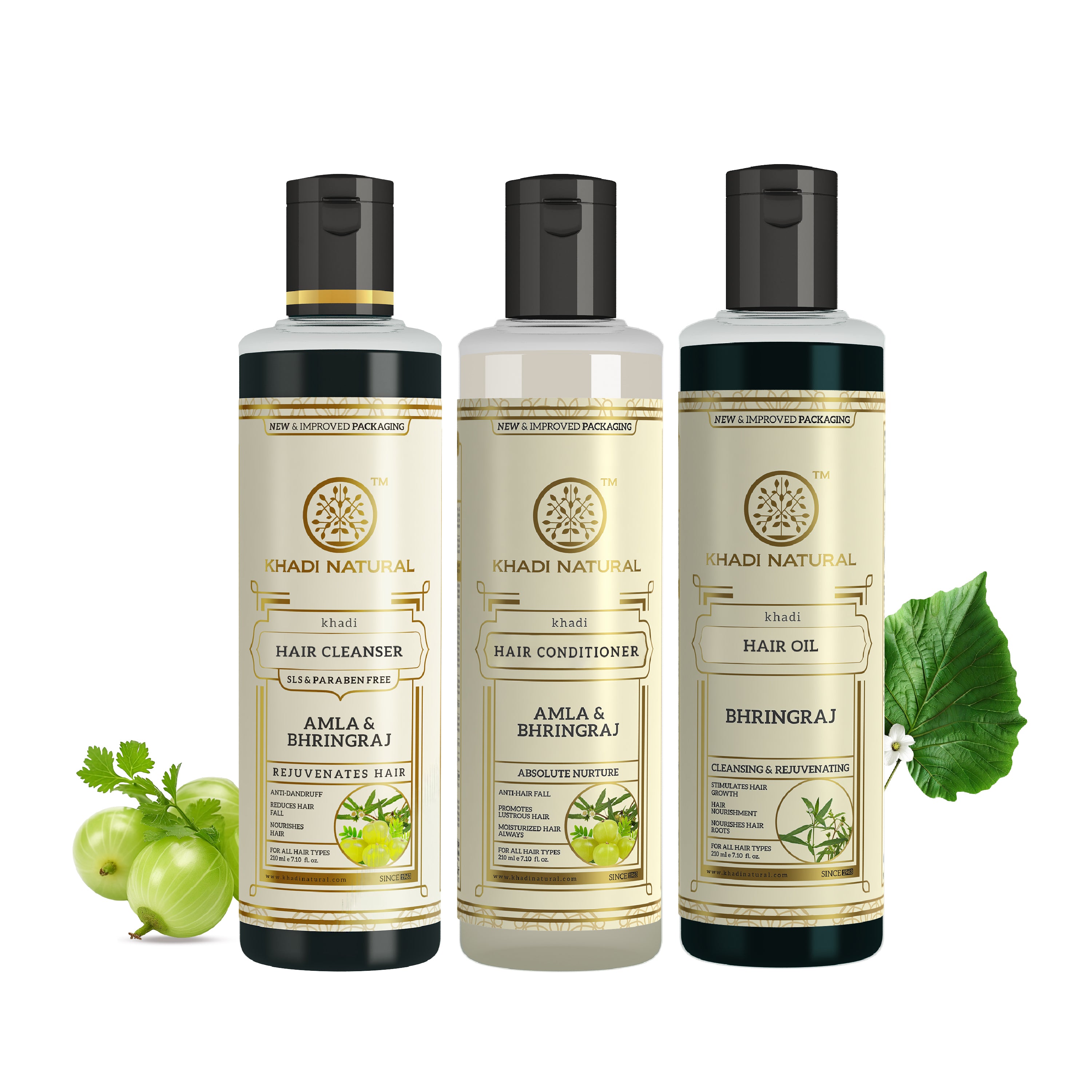 Khadi Natural Amla & Bhringraj Hair Care Cleanser, Conditioner & Oil – SLS & Paraben Free Combo Pack of 3 - 210ml Each