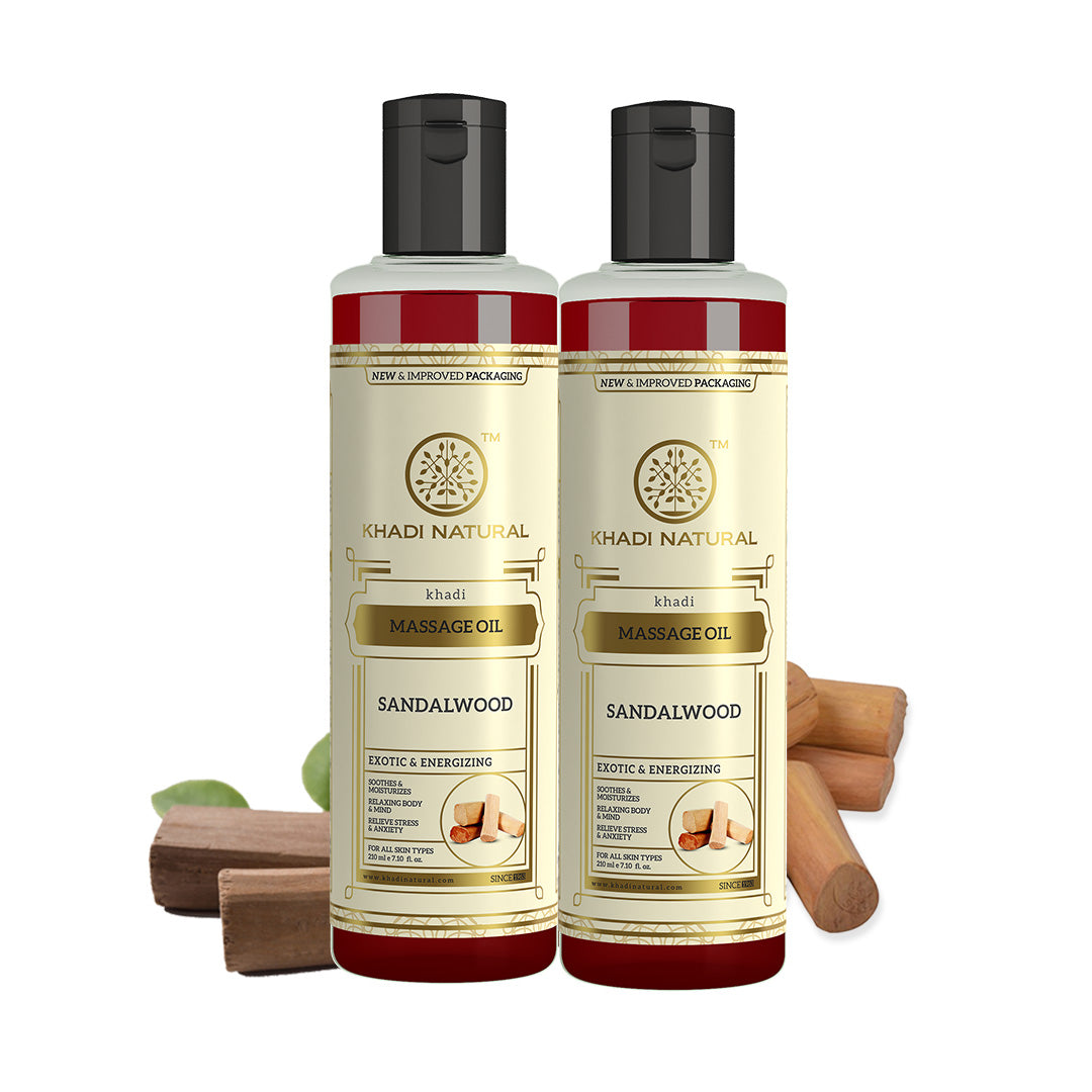Khadi Natural Sandalwood Massage Oil 210ml|Stress relieving properties| Relaxes aches and pains|Aromatherapy| Suitable for All Skin Types Pack of 2
