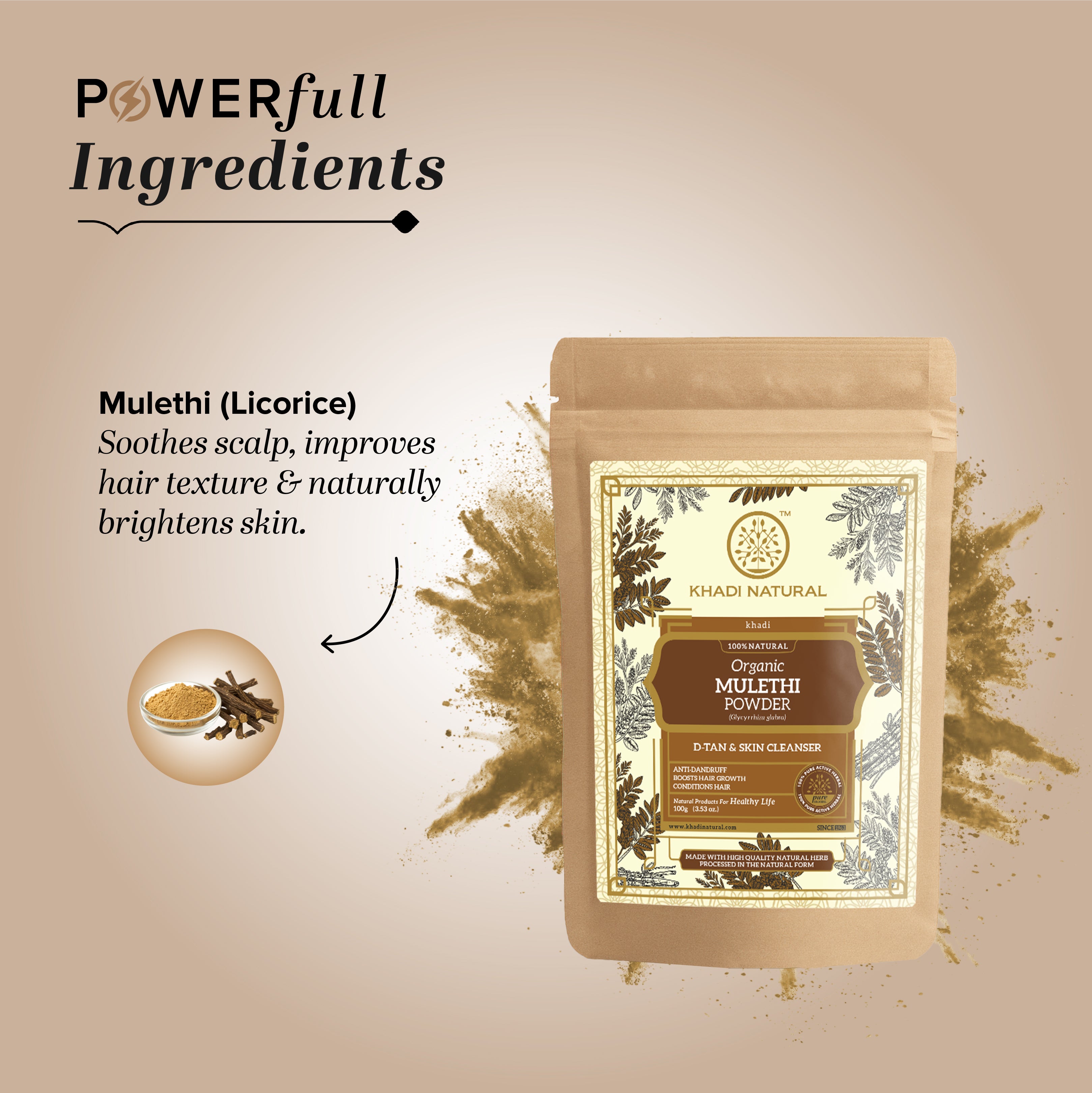 Khadi Natural Organic Mulethi Powder For Hair - 100% Natural - 100gm