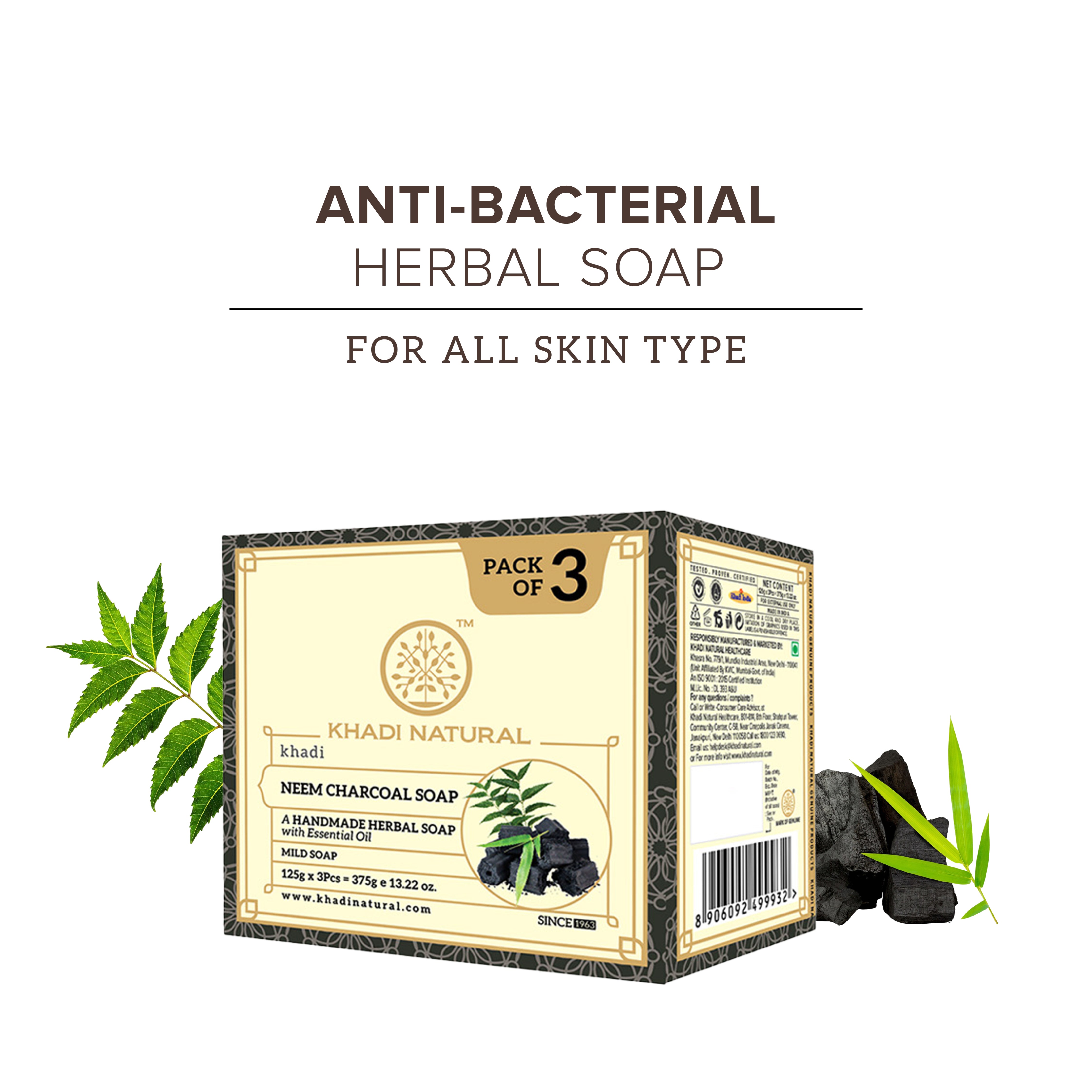 Khadi Natural Herbal Neem Charcoal Soap Combo Pack Of 3 β 125gm Each