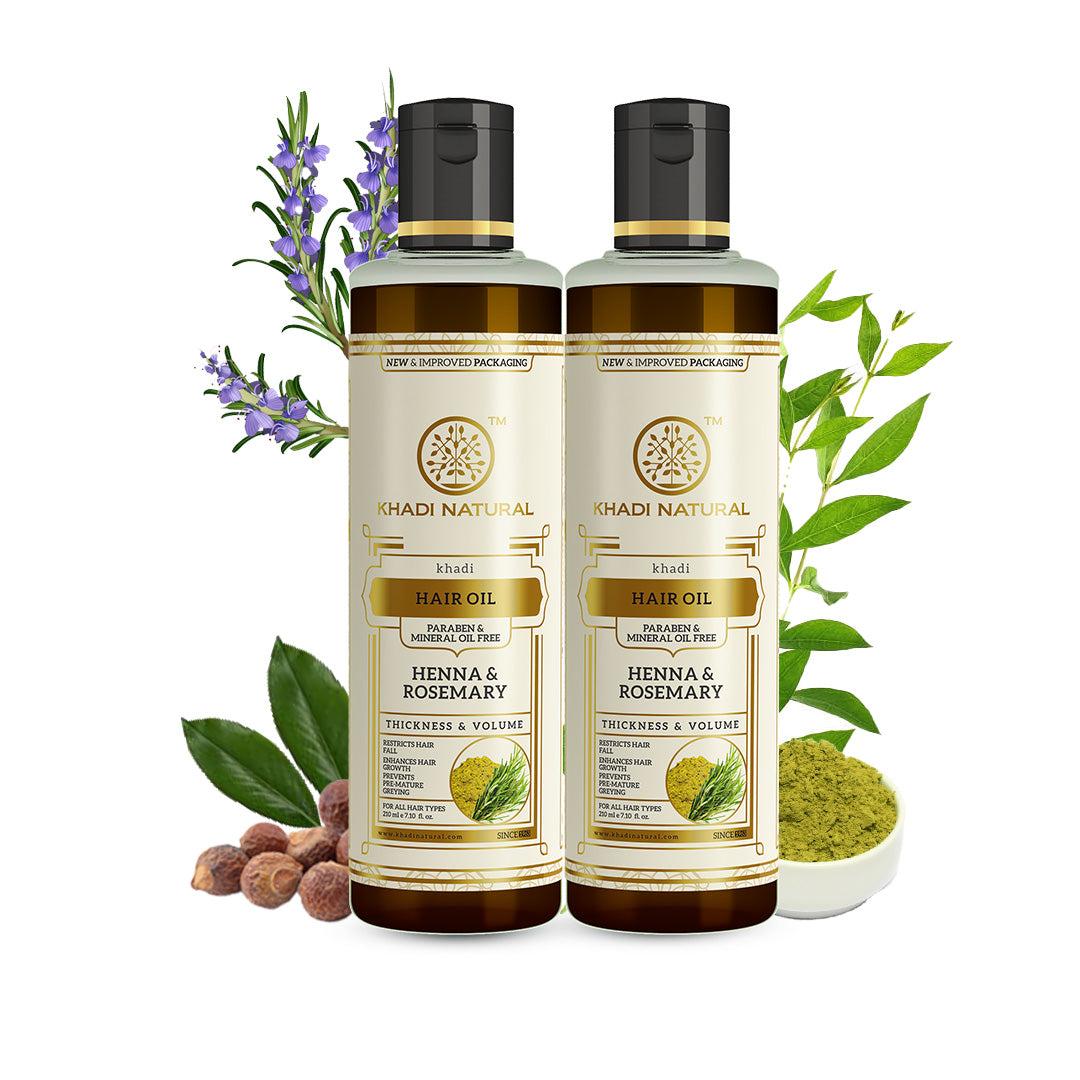 Khadi Natural Rosemary & Henna Hair Oil Natural Oil For Thick & Voluminous Hair Oil For Controlling Hair Fall & Premature Greying Paraben & Mineral Oil Free Suitable For All Hair Types 210ml Pack of 2