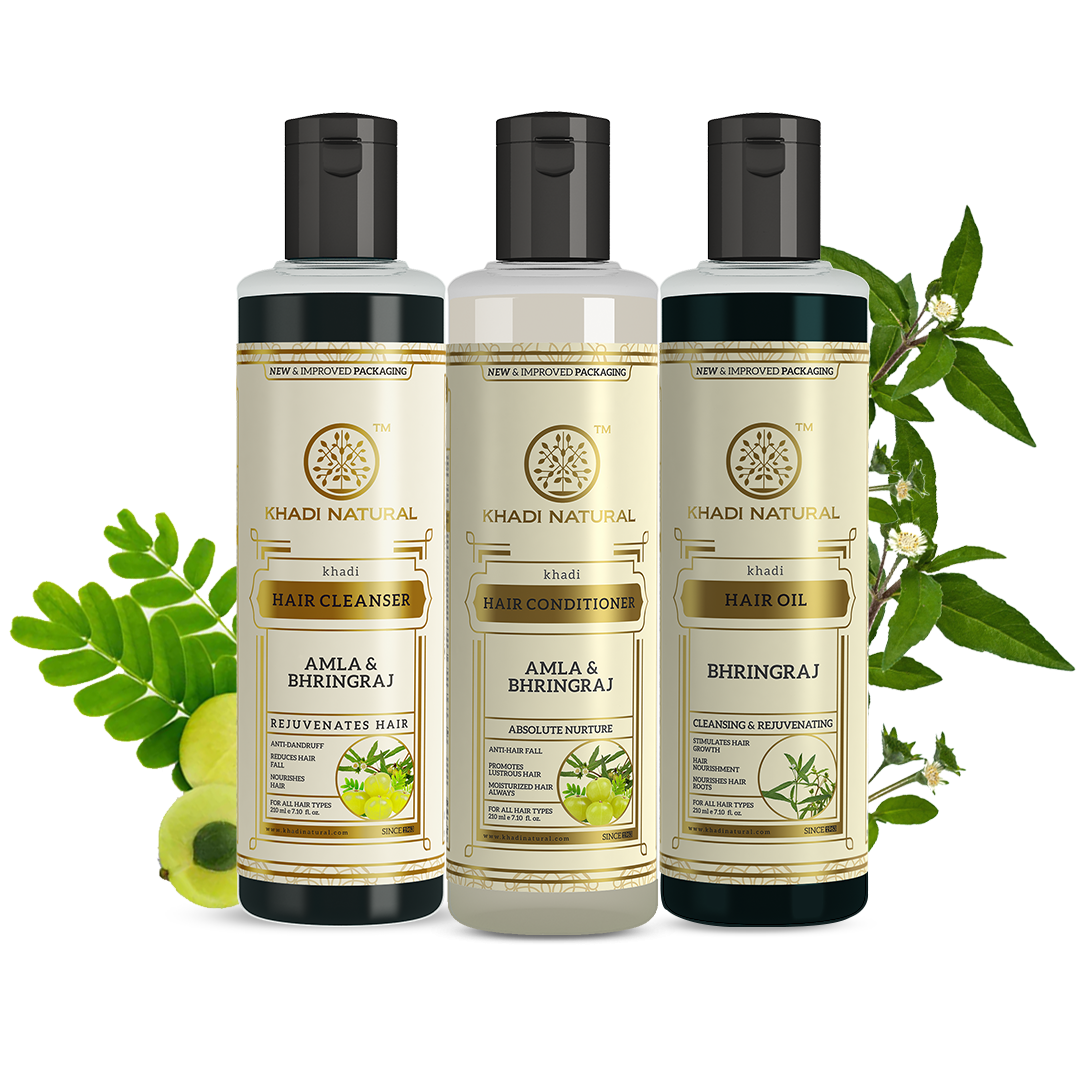 Khadi Natural Amla & Bhringraj Hair Care Cleanser, Conditioner & Oil – SLS & Paraben Free Combo Pack of 3 - 210ml Each
