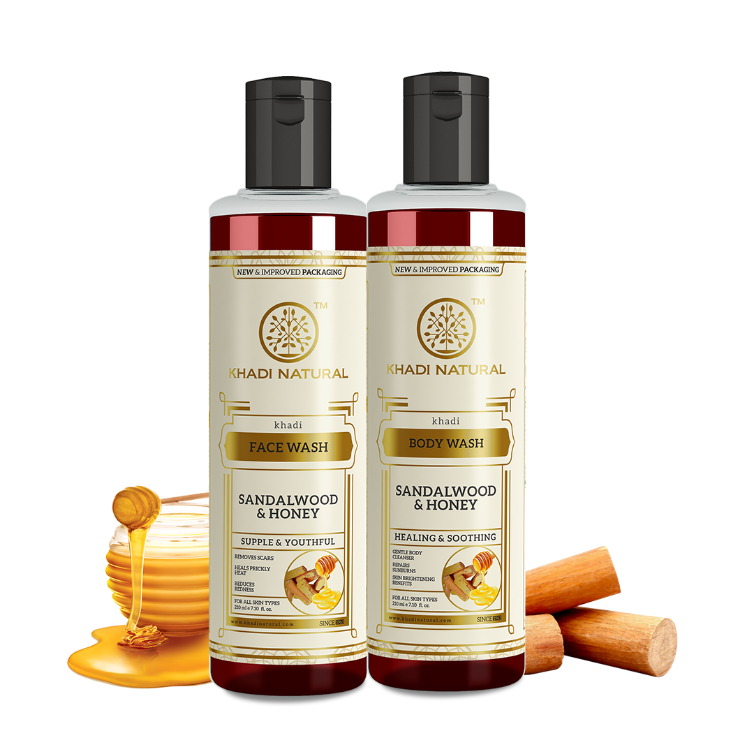 Khadi Natural Soothing & Refreshing Pack – Sandalwood & Honey Face Wash & Body Wash Combo Pack of 2 – 210ml Each