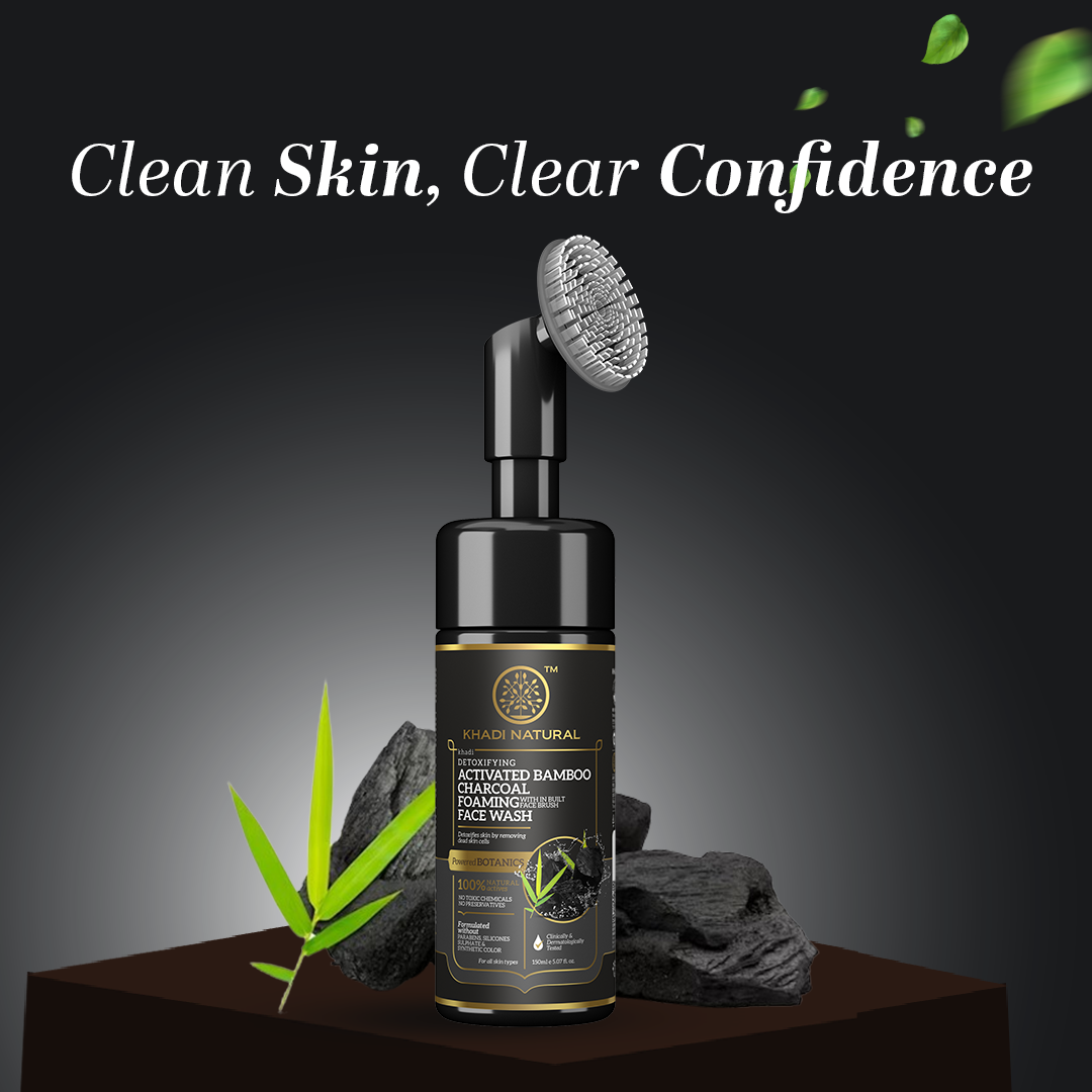 Khadi Natural Activated Bamboo Charcoal Foaming Face Wash with In- Built Face Brush - 150ml