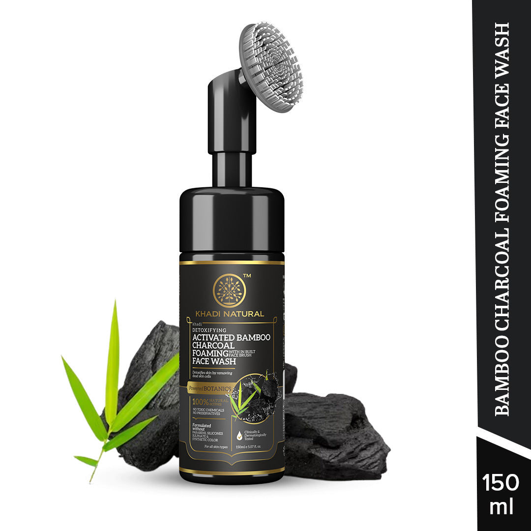Khadi Natural Activated Bamboo Charcoal Foaming Face Wash with In- Built Face Brush - 150ml