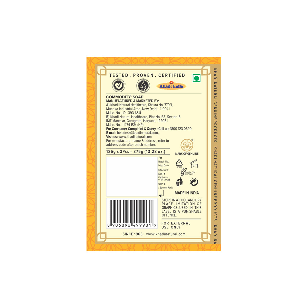 Khadi Natural Herbal Chandan Haldi Soap Combo Pack Of 3 β 125gm Each