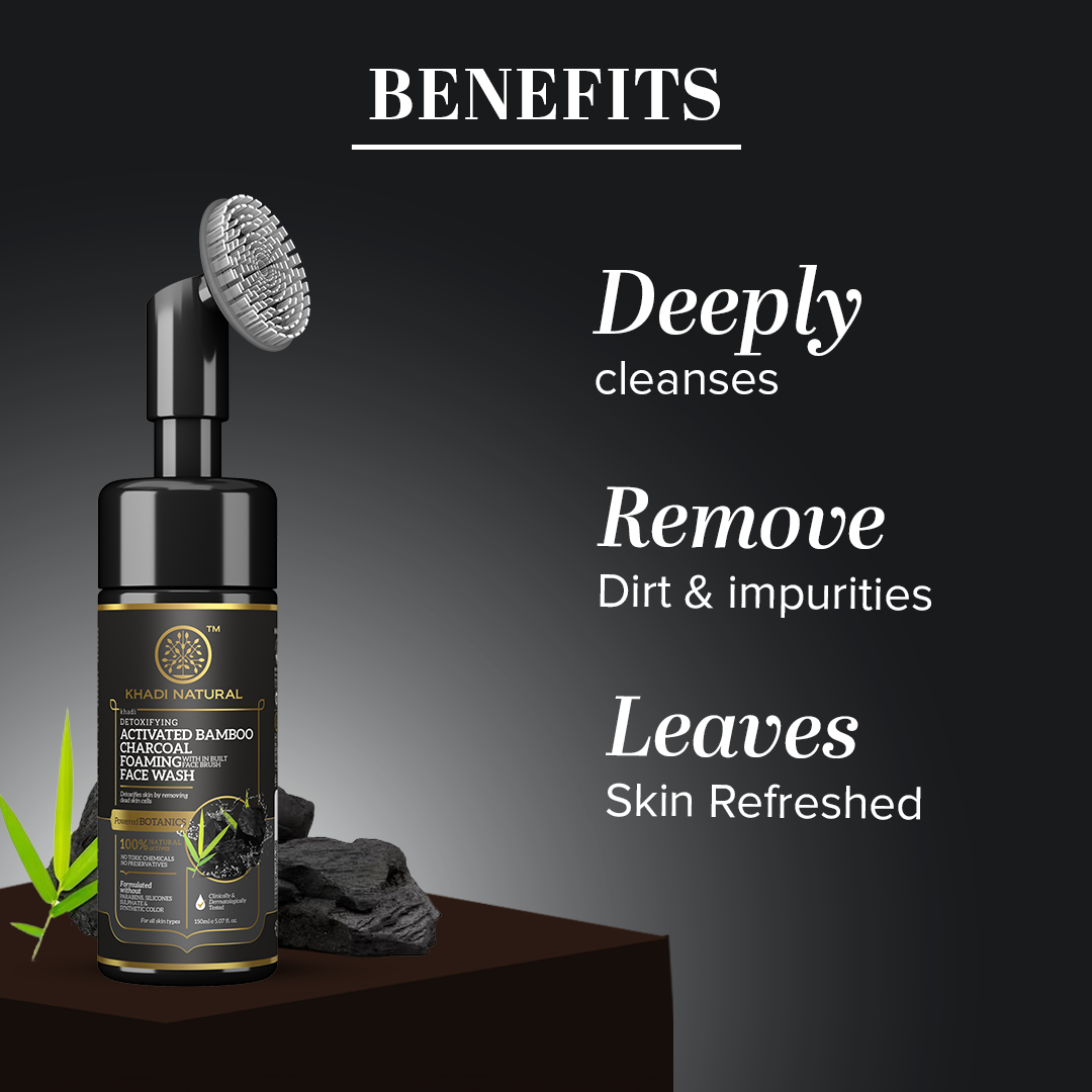 Khadi Natural Activated Bamboo Charcoal Foaming Face Wash with In- Built Face Brush - 150ml
