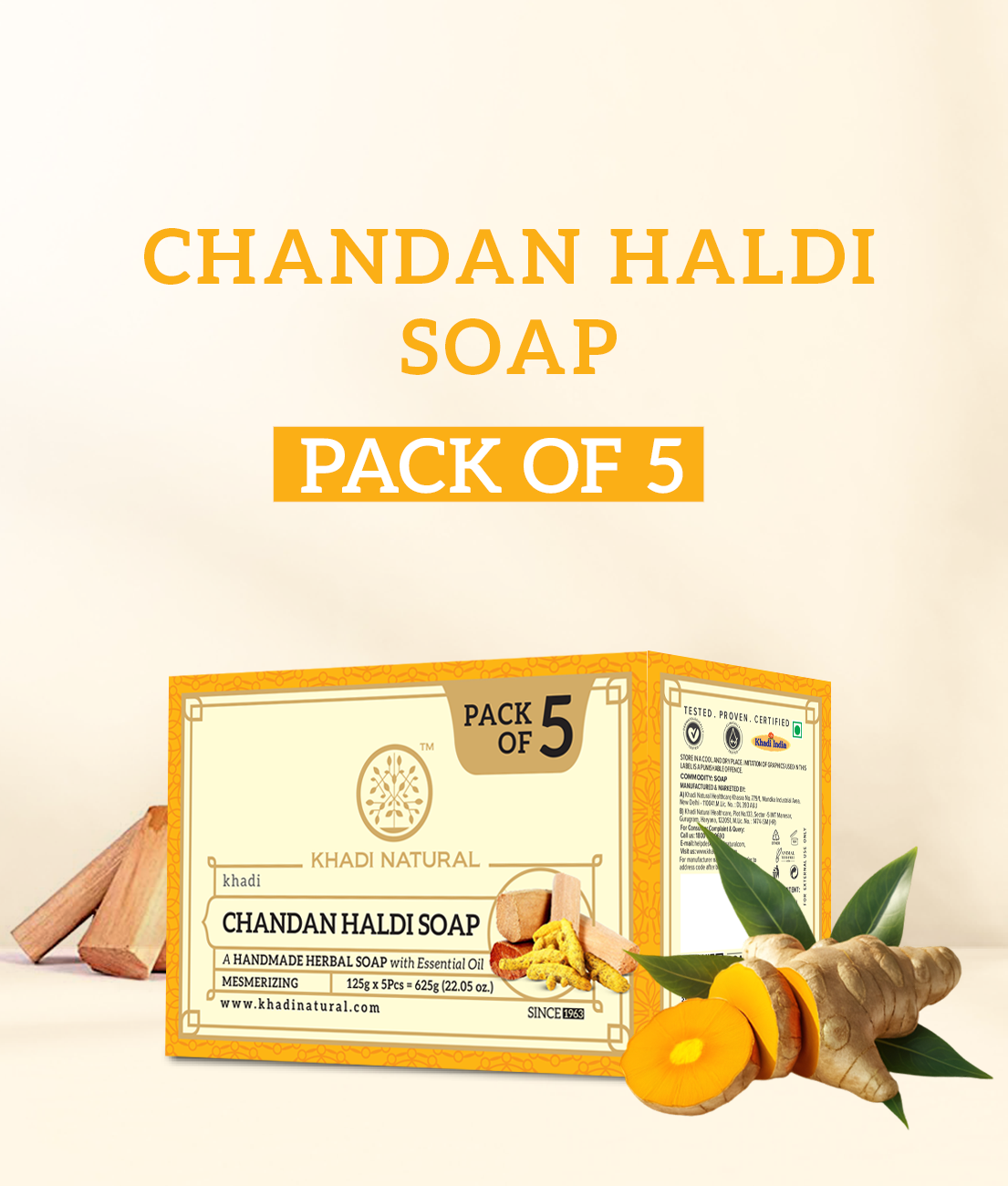 Khadi Natural Chandan Haldi Soap Combo Value Pack of 5 - 125gm Each