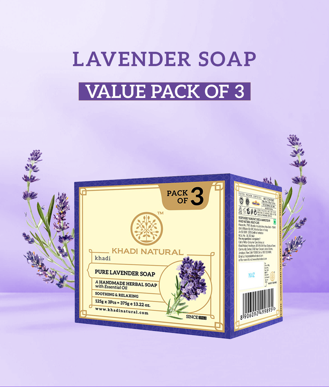Khadi Natural Herbal Pure Lavender Soap Combo Pack Of 3 ā 125gm Each