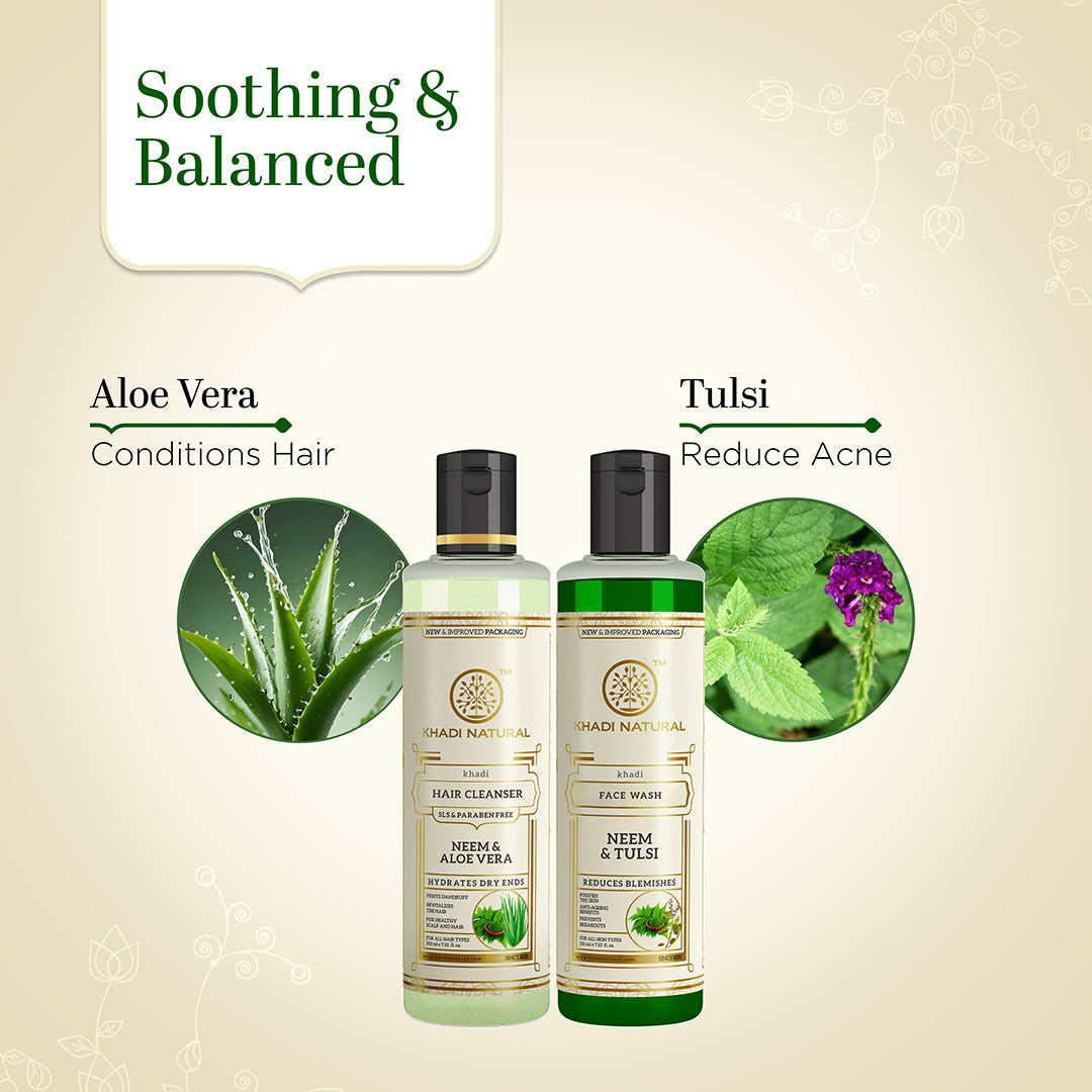 Khadi Herbal Neem & Aloe Vera Hair Cleanser with Neem & Tulsi Face Wash Combo (Set of 2)