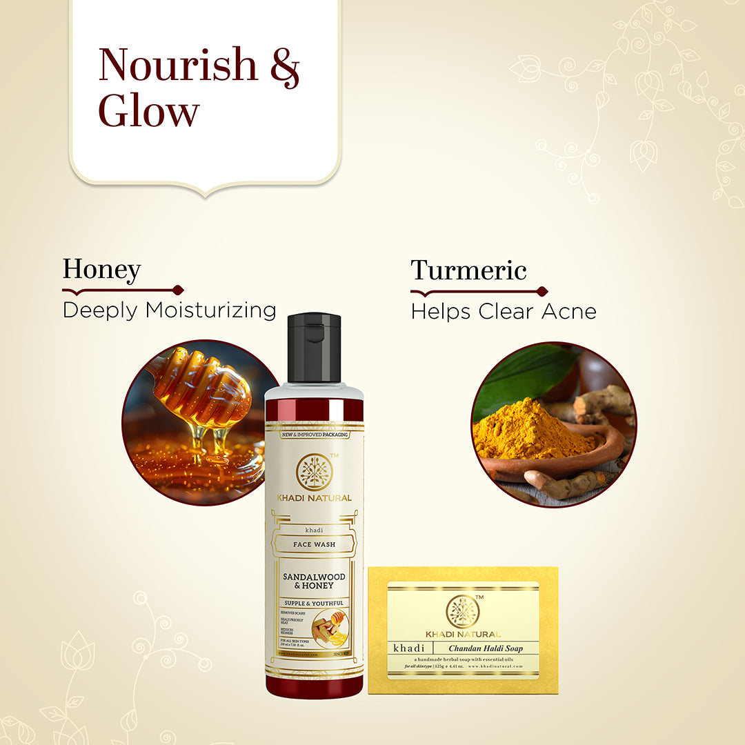 Khadi Herbal Sandalwood & Honey Face Wash with Chandan Haldi Soap Combo (Set of 2)