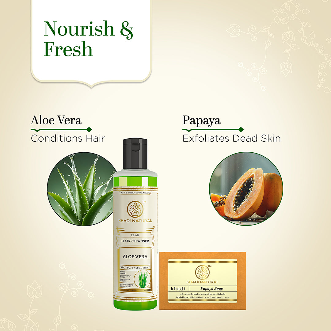 Khadi Herbal Aloe Vera Hair Cleanser with Papaya Soap Combo (Set of 2)