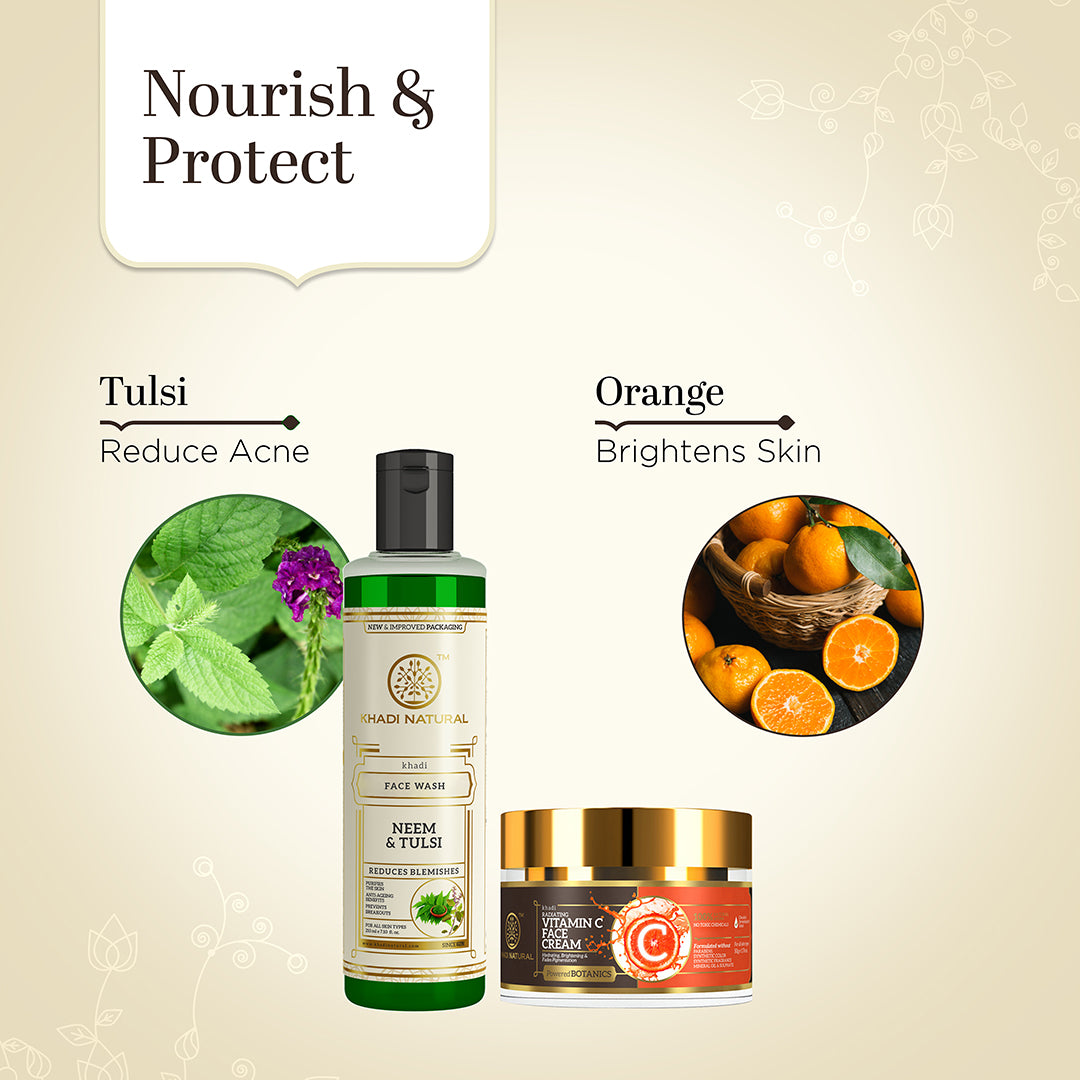 Khadi Herbal Neem & Tulsi Face Wash with Khadi Natural Vitamin C Face Cream Combo (Set of 2)