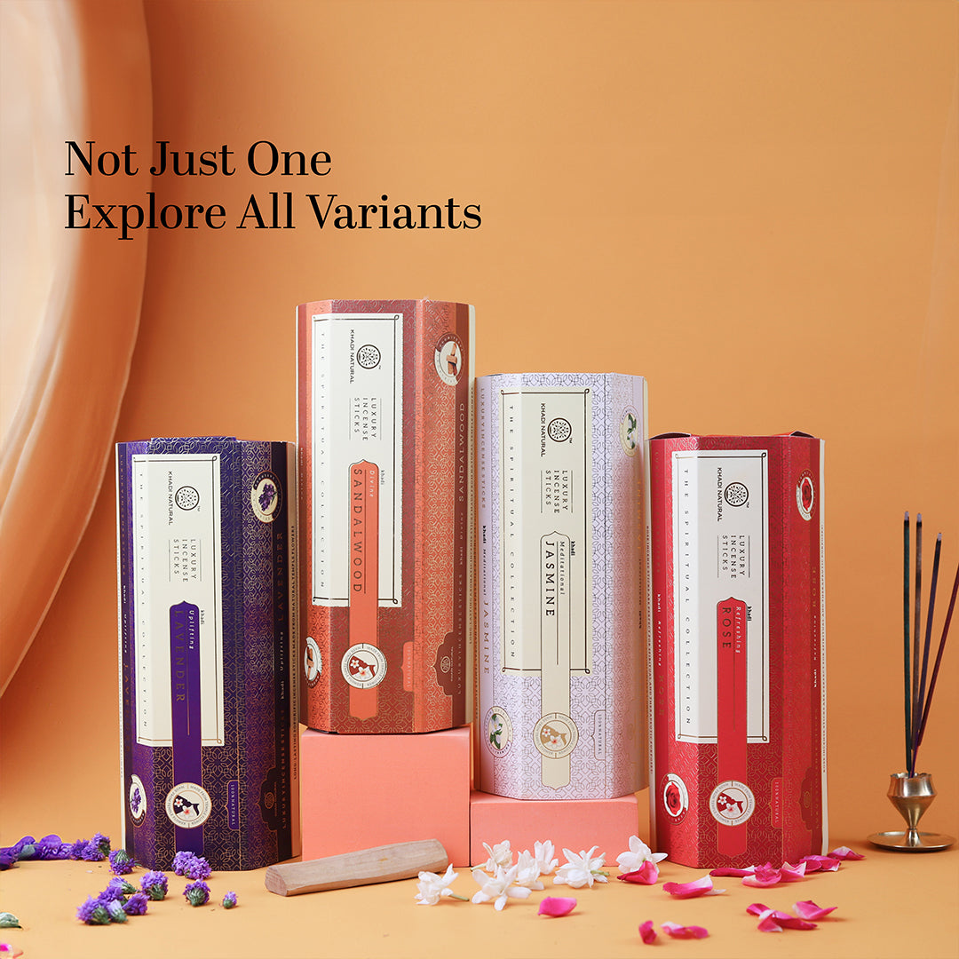 Khadi Natural Incense Sticks Collection β Jasmine - Rose - Lavender & Sandalwood Combo Pack of 12