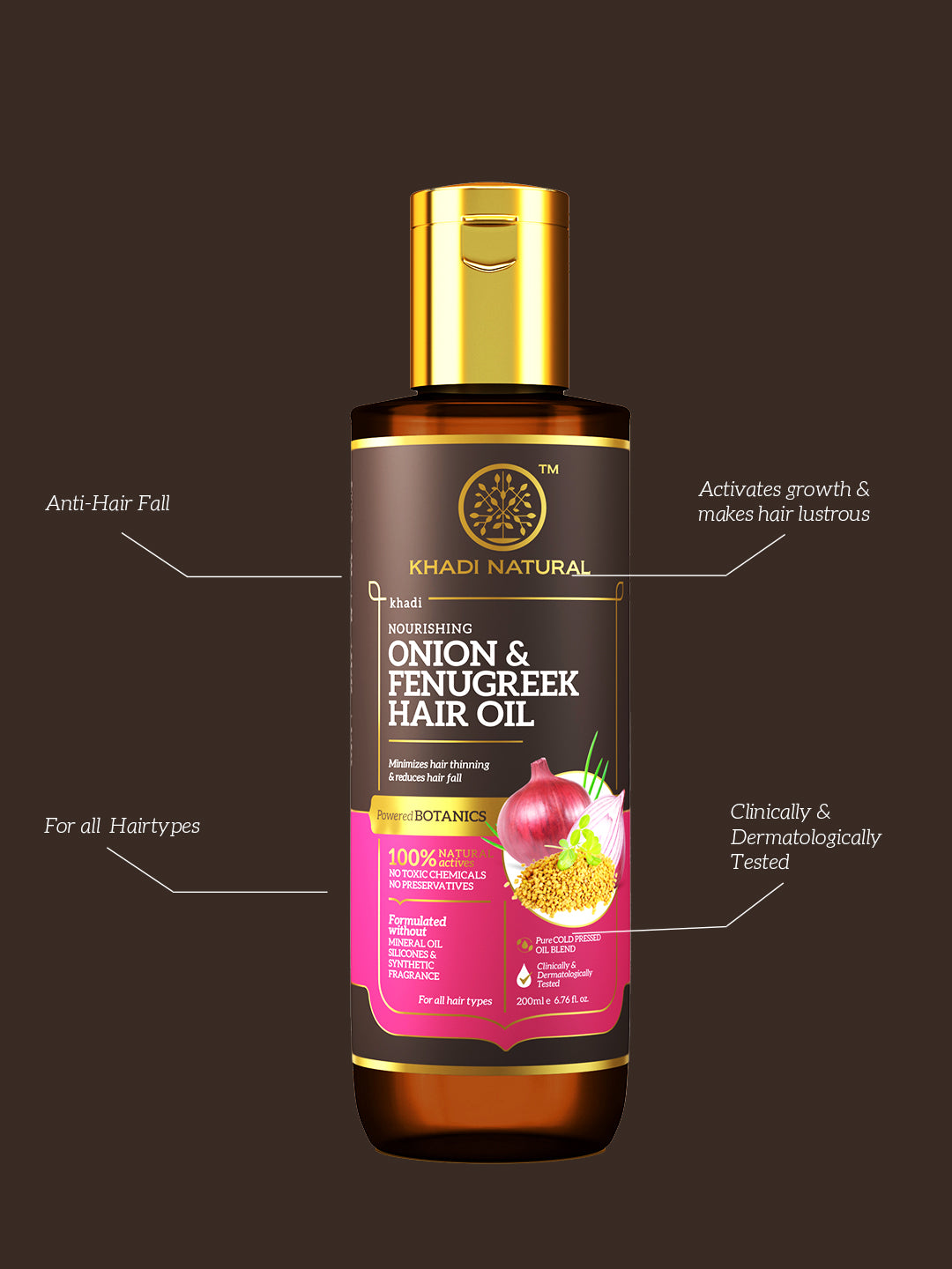Khadi Natural Onion & Fenugreek Hair Oil - Mineral Oil, Silicones, Synthetic Fragrance Free-200 ml