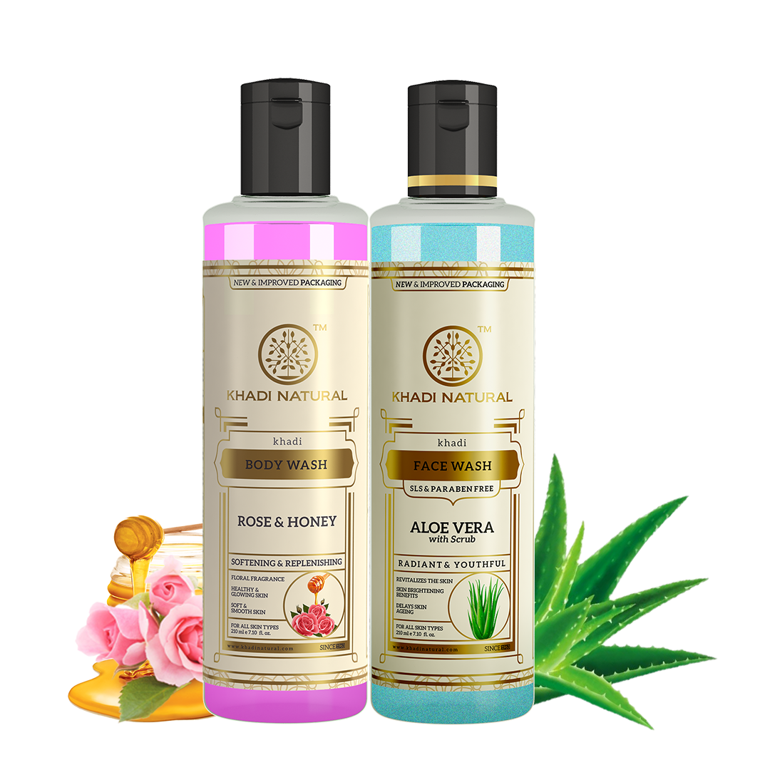 KHADI NATURAL HYDRATING PACK - PACK OF 2 (ALOE VERA WITH SCRUB FACE WASH (SLS & PARABEN FREE) + KHADI NATURAL ROSE & HONEY BODY WASH )