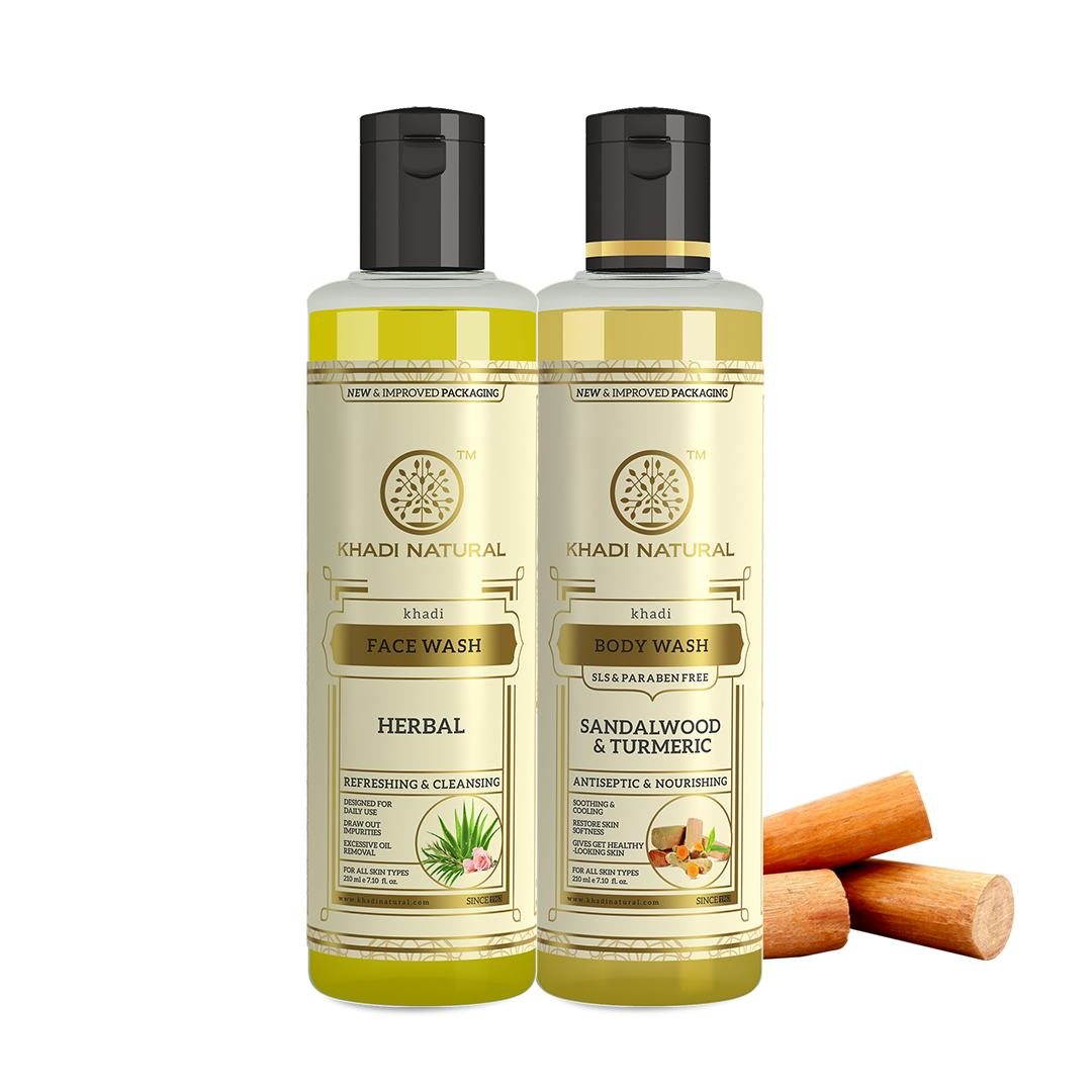 KHADI NATURAL BRIGHTENING PACK - PACK OF 2 (HERBAL FACE WASH + KHADI NATURAL SANDALWOOD & TURMERIC BODY WASH )