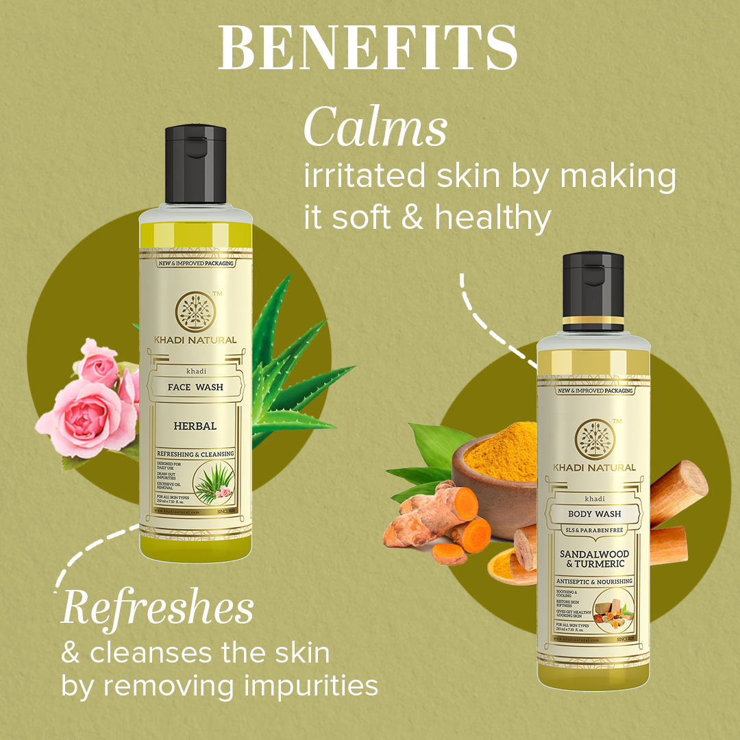Khadi Natural Herbal Face Wash & Sandalwood & Turmeric Body Wash – Combo Pack of 2 - 210ml Each