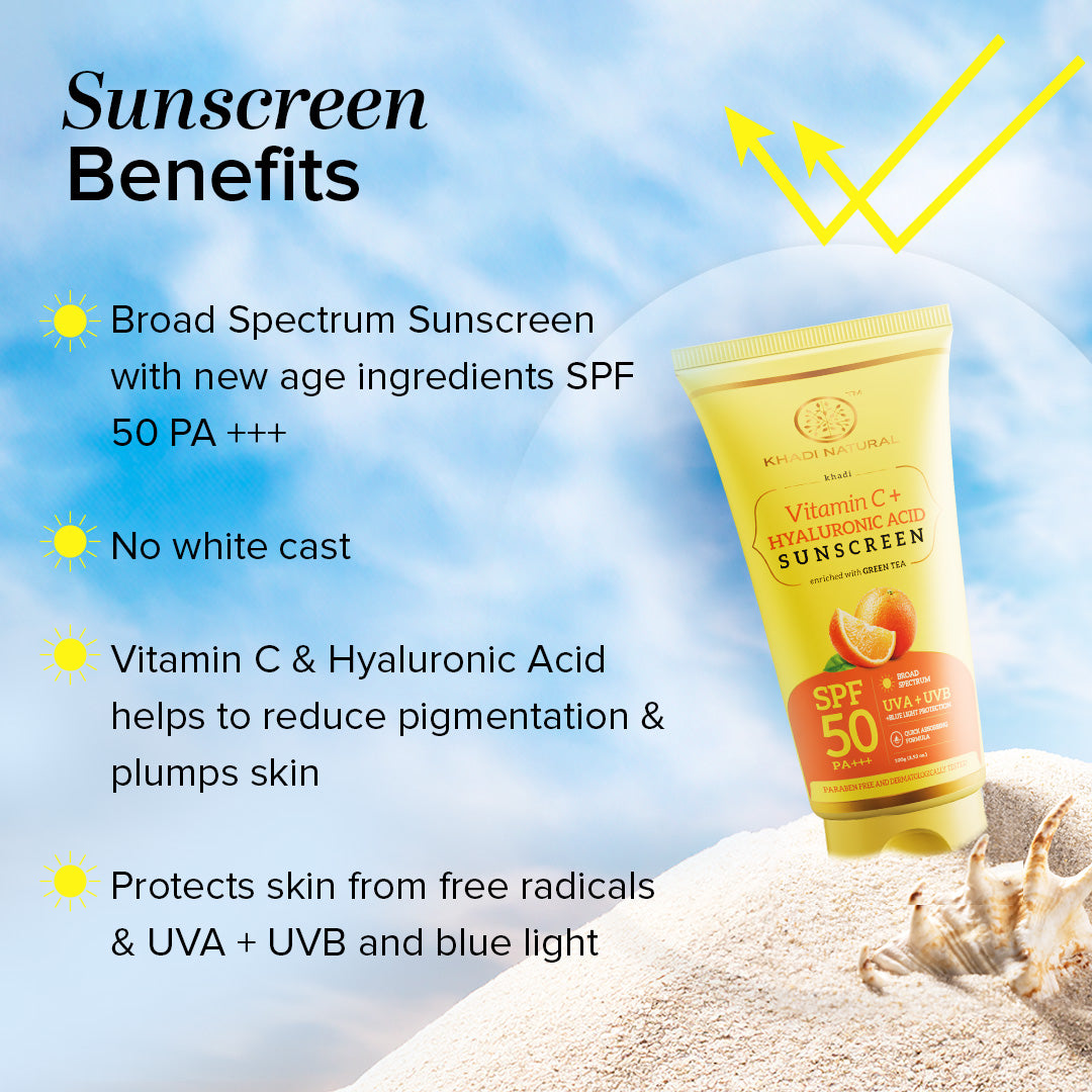 Khadi Natural Vitamin C + Hyaluronic Acid Sunscreen aqua gel enriched with Green Tea SPF-100ml