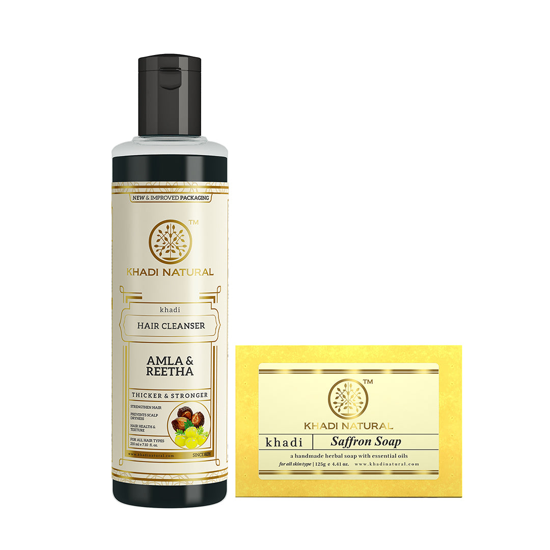 Khadi Herbal Amla & Reetha Hair Cleanser with Saffron Soap Combo (Set of 2)