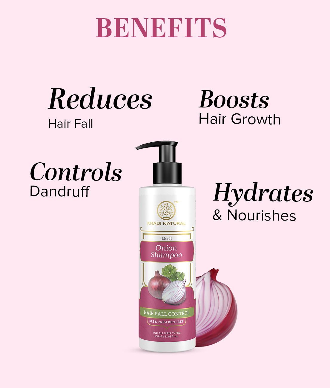 Khadi Natural Onion Shampoo/Cleanser | SLS & Paraben Free |Scalp nourishing formula|Controls dandruff and hairfall|Paraben free|Suitable for All Hair Types| 650 ml