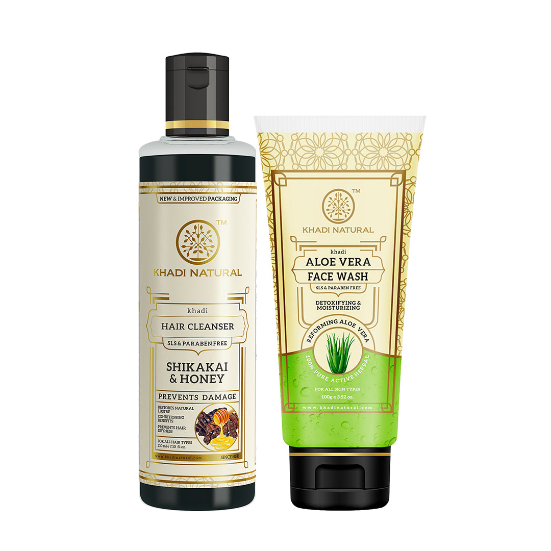 Khadi Herbal Shikakai & Honey Hair Cleanser with Aloe Vera Face Wash Combo (Set of 2)