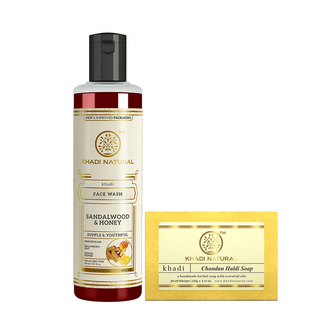 Khadi Herbal Sandalwood & Honey Face Wash with Chandan Haldi Soap Combo (Set of 2)