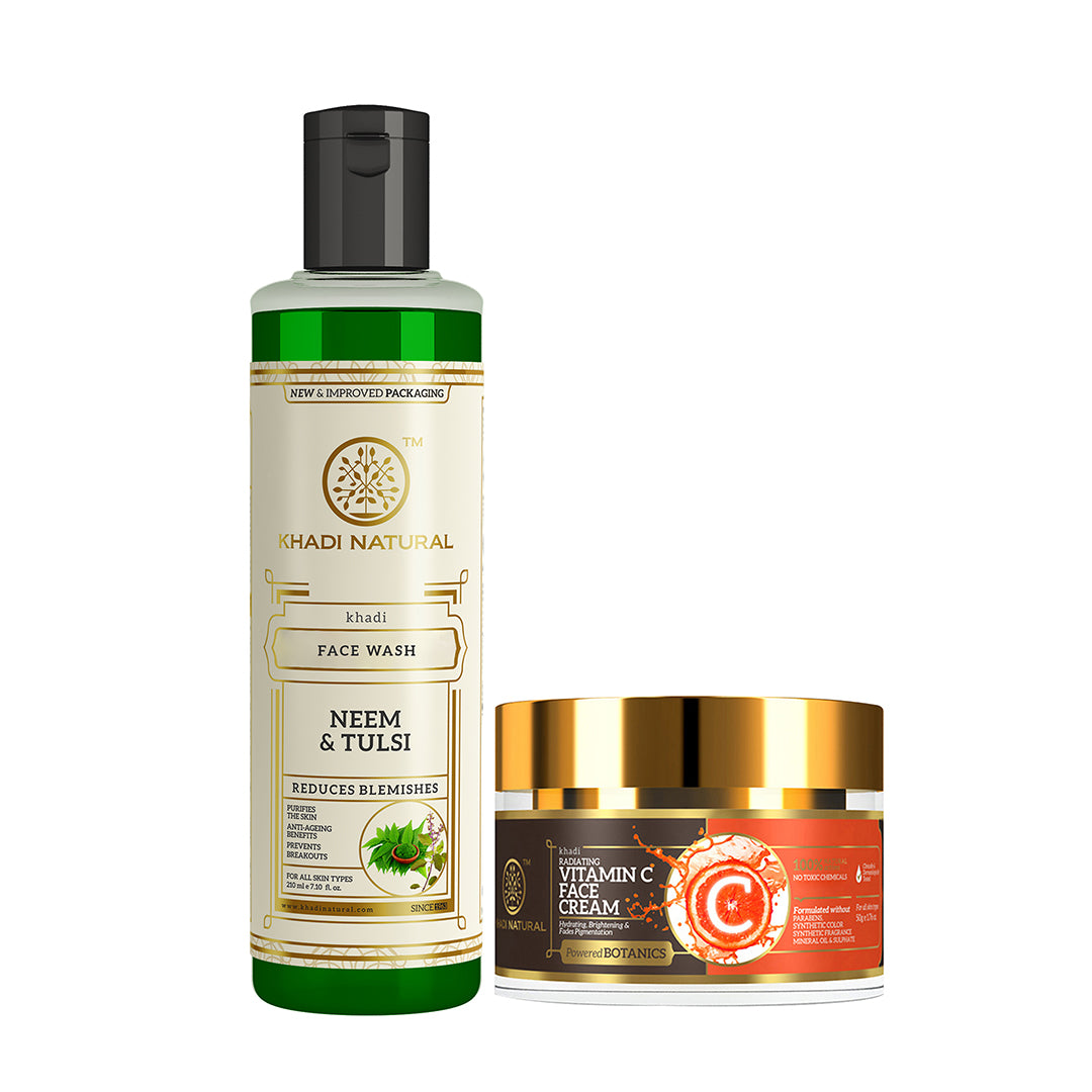 Khadi Herbal Neem & Tulsi Face Wash with Khadi Natural Vitamin C Face Cream Combo (Set of 2)
