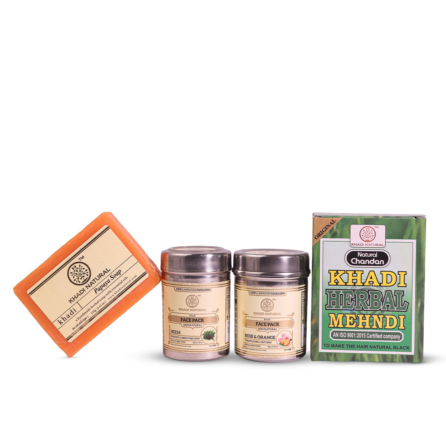 Khadi Natural Papaya Soap, Neem Face Pack, Black Mehndi & Rose Orange Face Pack Combo