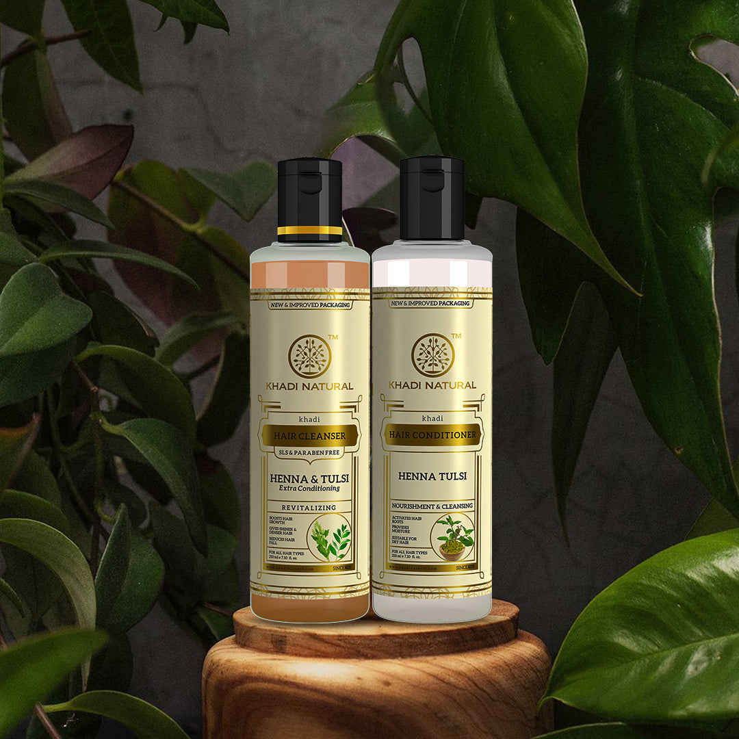KHADI NATURAL BOTANIC BOUNCE PACK - PACK OF 2 HENNA TULSI EXTRA CONDITIONING HAIR CLEANSER (SLS & PARABEN FREE) + KHADI NATURAL HENNA TULSI HAIR CONDITIONER)