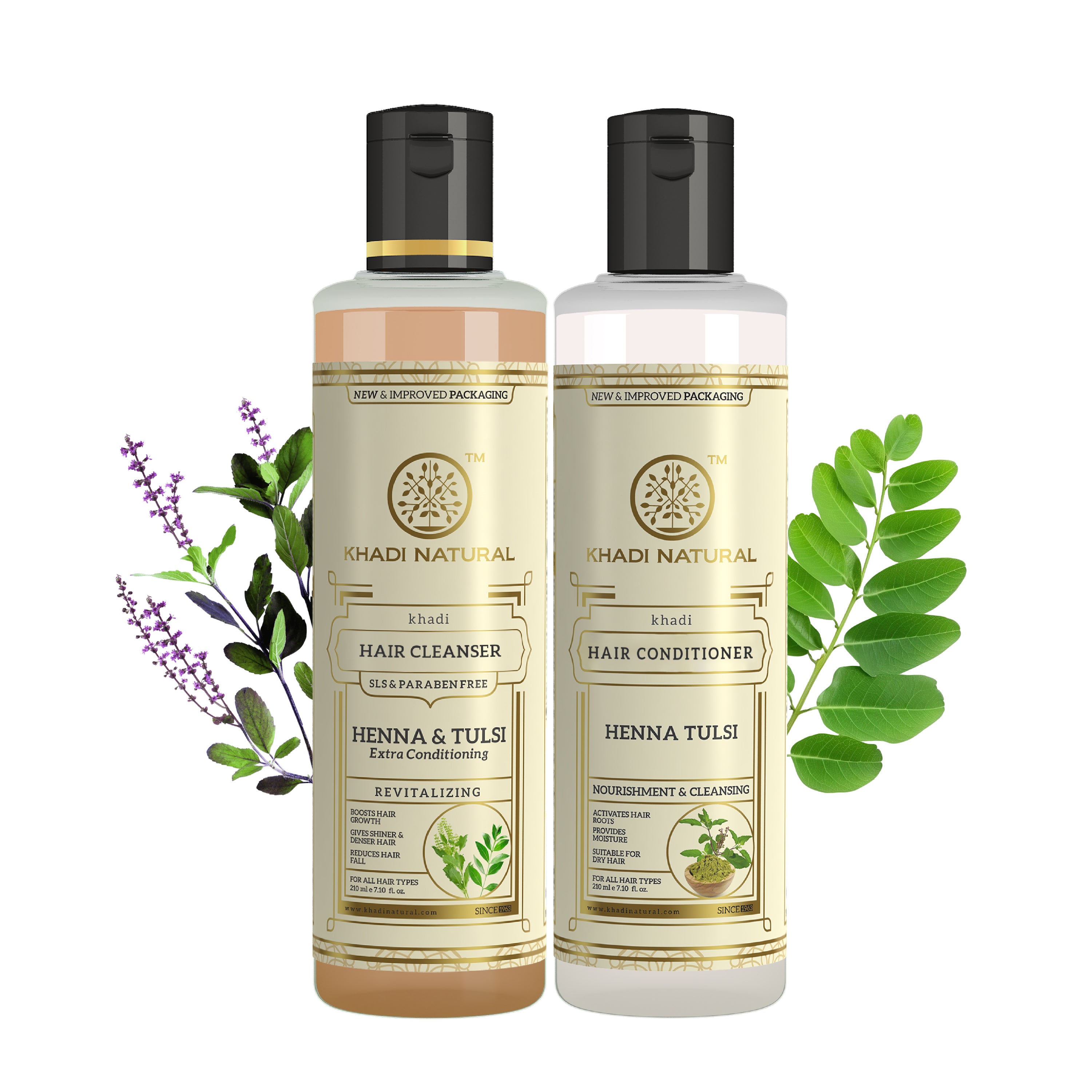Khadi Natural Henna Tulsi Extra Conditioning Hair Cleanser (SLS & Paraben Free) & Henna Tulsi Hair Conditioner Combo Pack of 2 – 210ml Each