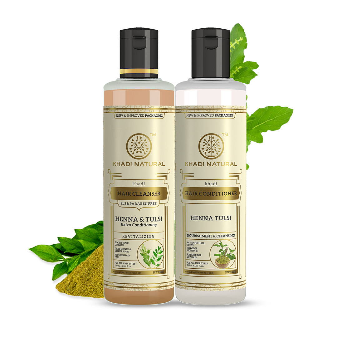 KHADI NATURAL NOURISHING PACK - PACK OF 3 (HENNA TULSI EXTRA CONDITIONING HAIR CLEANSER (SLS & PARABEN FREE) + KHADI NATURAL HENNA TULSI HAIR CONDITIONER + KHADI NATURAL TULSI HAIR OIL)