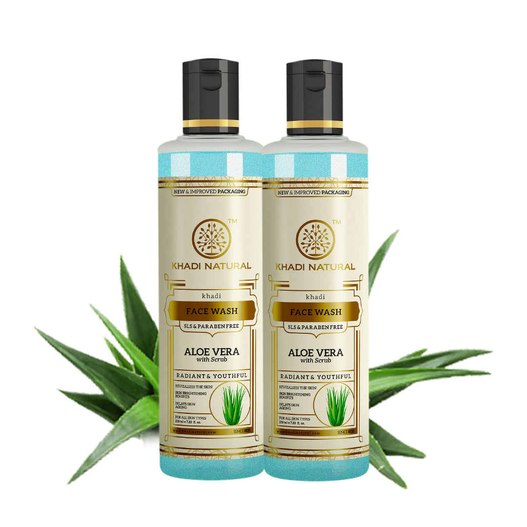 Khadi Natural Aloe Vera Face Wash with Scrub | Younger-Looking Skin | Face Scrub for Fighting Early Signs of Ageing | Paraben & SLS Free | Suitable for All Skin Types | 210ml Pack of 2