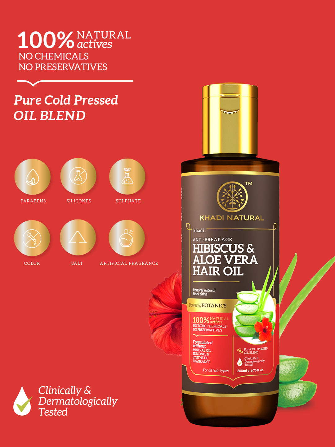 Khadi Natural Hibiscus & Aloe Vera Hair Oil - Mineral Oil, Silicones, Synthetic Fragrance Free-200 ml