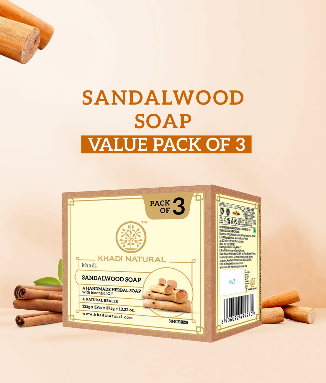 Khadi Natural Herbal Sandalwood Soap 125g (Pack Of 3)