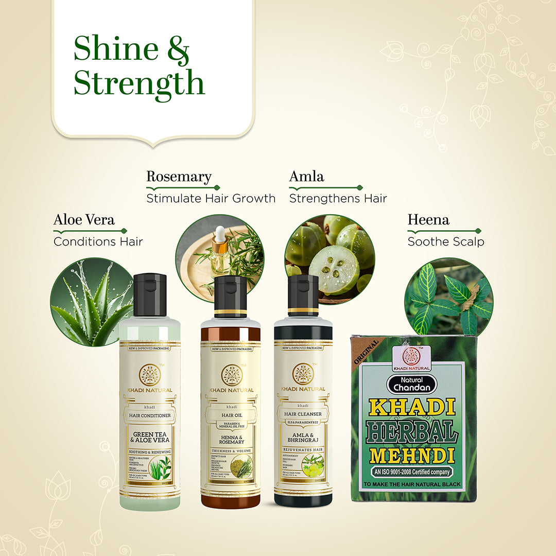 Khadi Herbal Black Mehndi, Amla & Bhringraj Hair Cleanser, Henna Rosemary with Green Tea Aloe Vera Conditioner Combo (Set of 4)