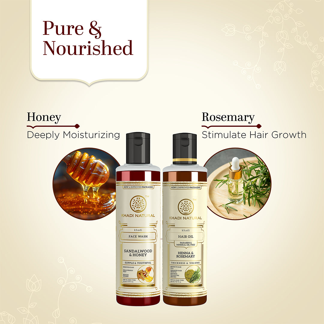 Khadi Herbal Sandalwood & Honey Face Wash with Henna Rosemary Hair Oil Combo (Set of 2)