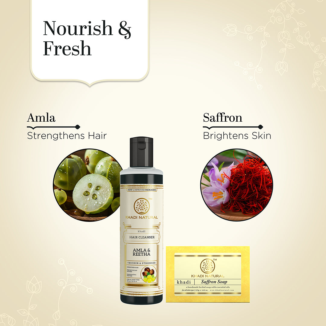 Khadi Herbal Amla & Reetha Hair Cleanser with Saffron Soap Combo (Set of 2)
